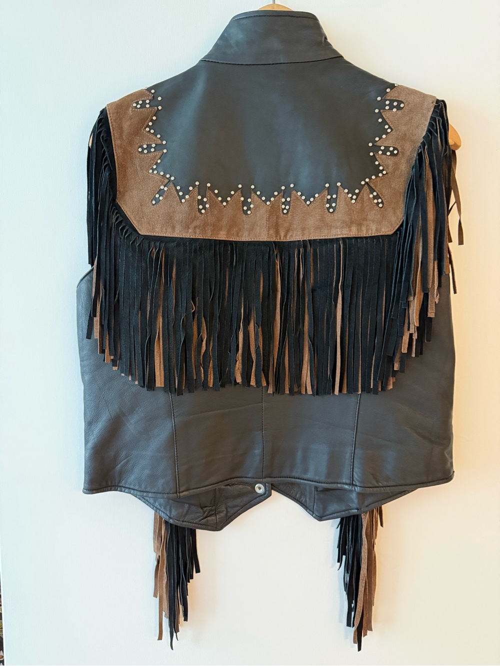 Dark Brown Genuine Leather Fringe Vest with Brown Suede Yoke Western Cowboy M - Picture 5 of 10